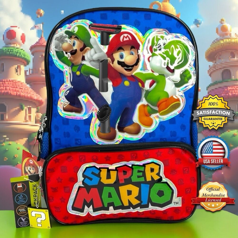 OFFICIAL Super Mario Backpack Reflective Kids School Bookbag Bag 17” w Bag Charm